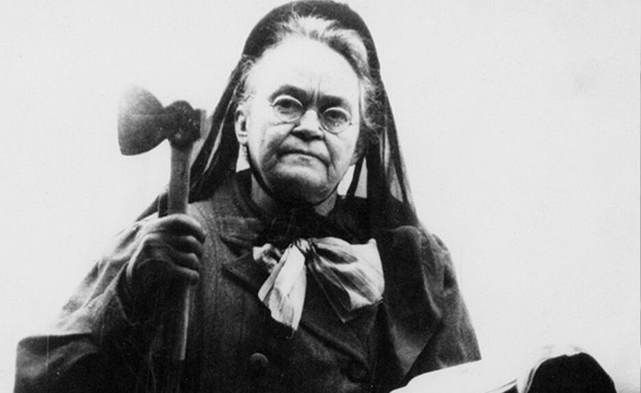 Carrie Nation holding her famous axe
