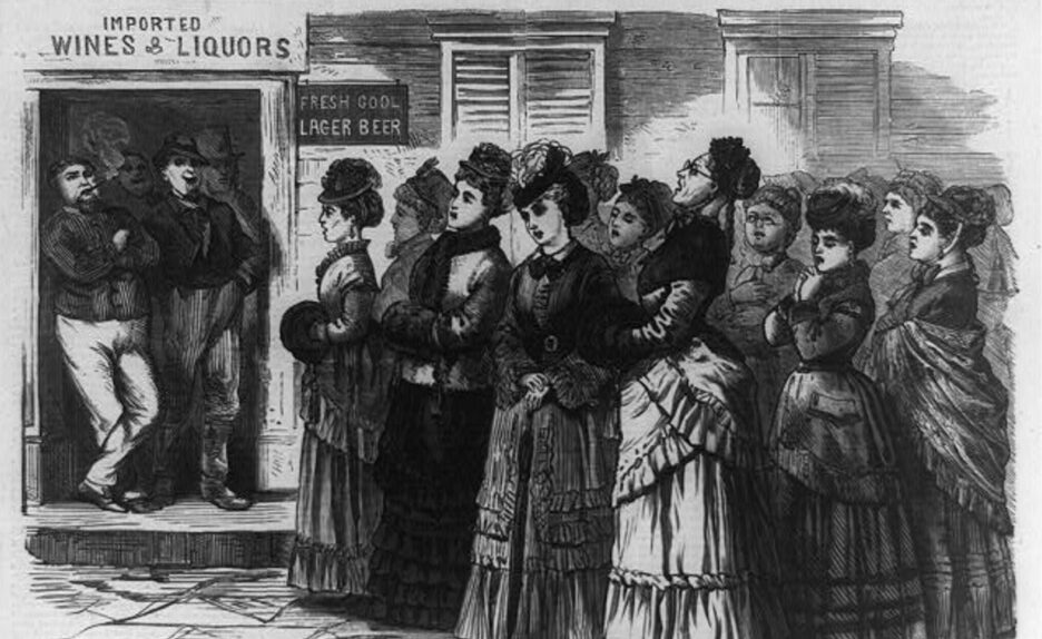 A drawing depicting women singing hymns outside of a local bar.